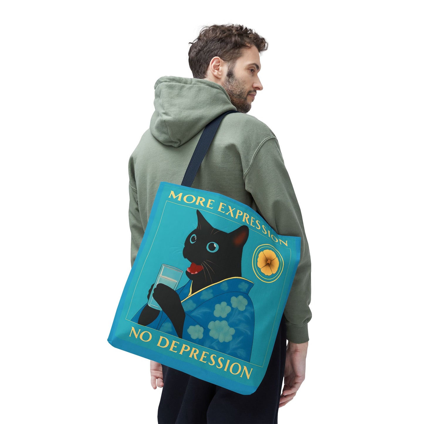 Motivational Chinoiserie Black Cat Tote Bag - More Expression No Depression