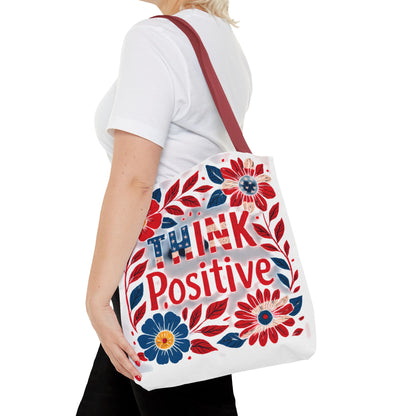 Red White and Blue Think Positive Tote Bag - Patriotic Embroidery Style Carryall, Great for Gifts, Shopping, Beach Days, Day Trips
