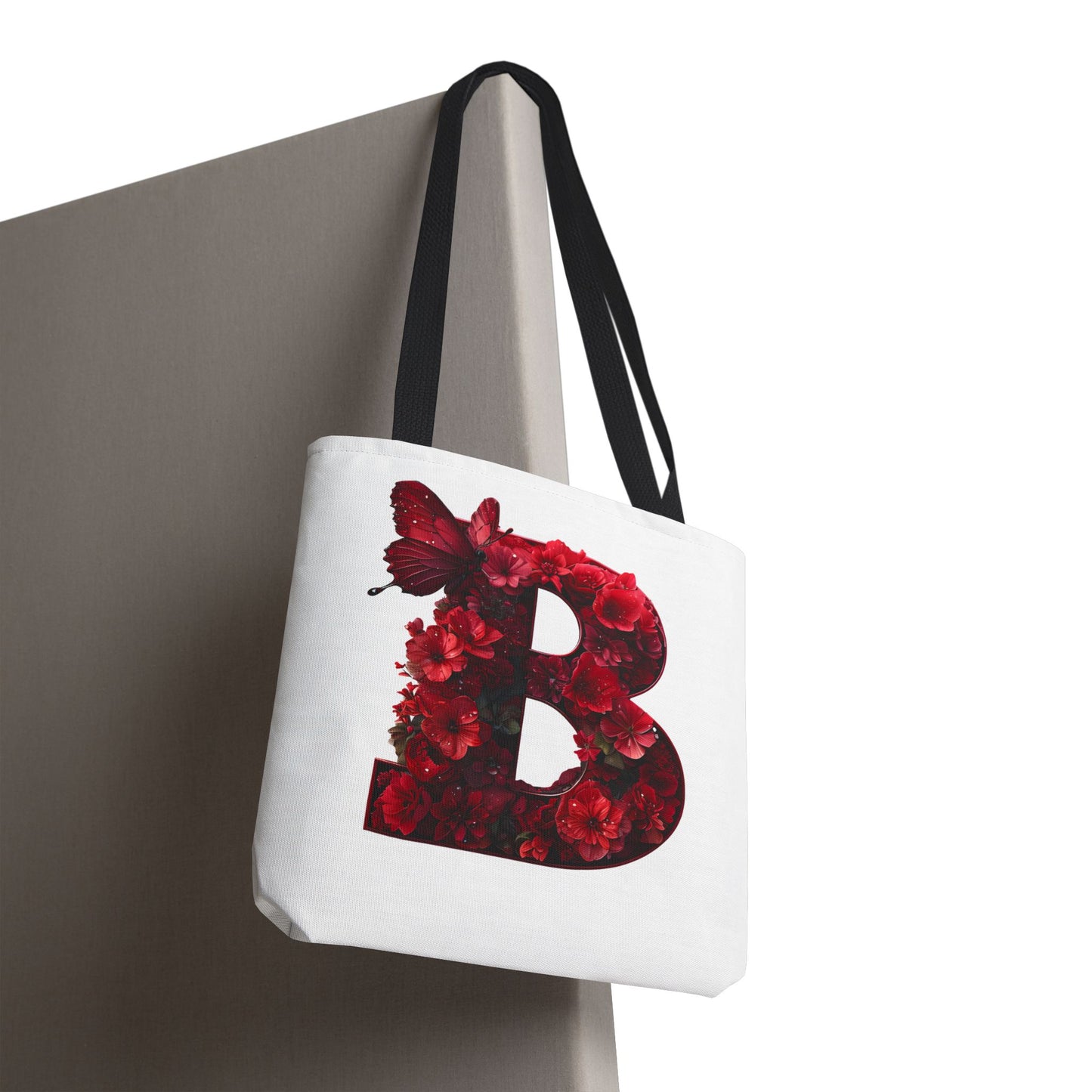 Red Floral Alphabet B' Tote Bag with Butterfly - Shopping, Beach or Travel Accessory