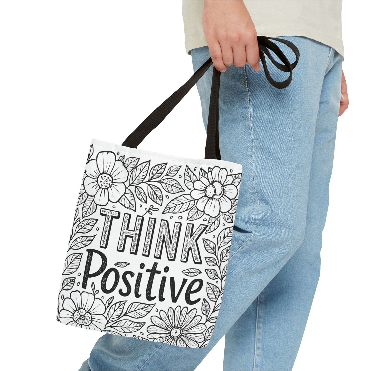 Think Positive Floral Tote Bag, Motivational Bag for Students, Gift for Friends, Inspirational Accessory