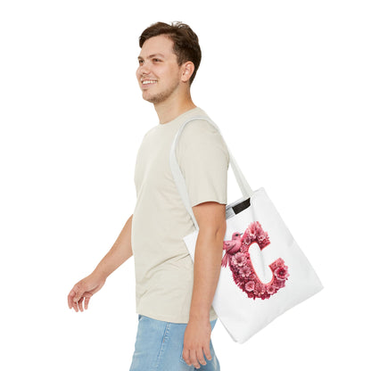 Floral Alphabet C' Tote Bag - Pink Bird Floral Design for Shopping, Work and Beach