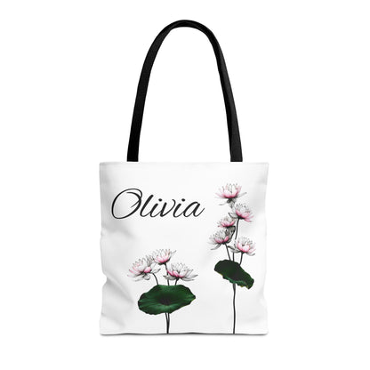 Personalized Water Lily Tote Bag, Eco-Friendly Reusable Shopping Bag, Custom Name Bag for July Birth Month Flower