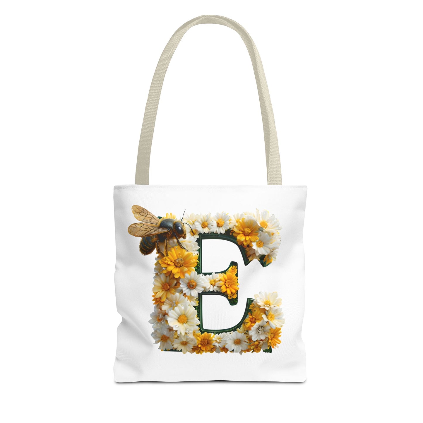 Floral Alphabet Tote Bag with Yellow Daisies, the Initial 'E' and Bee Design