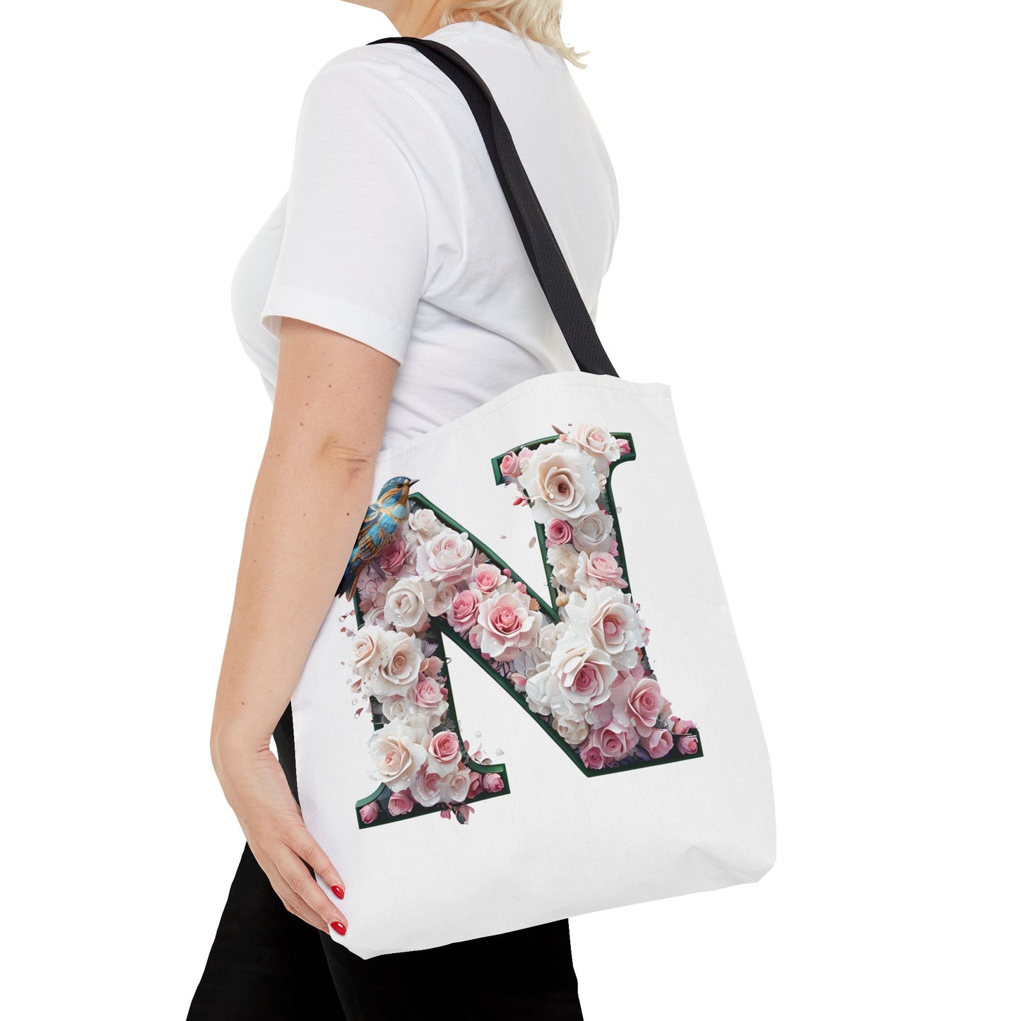 Floral Alphabet 'N' Tote Bag - Chic Shopper Accessory with Flower and Bird Design