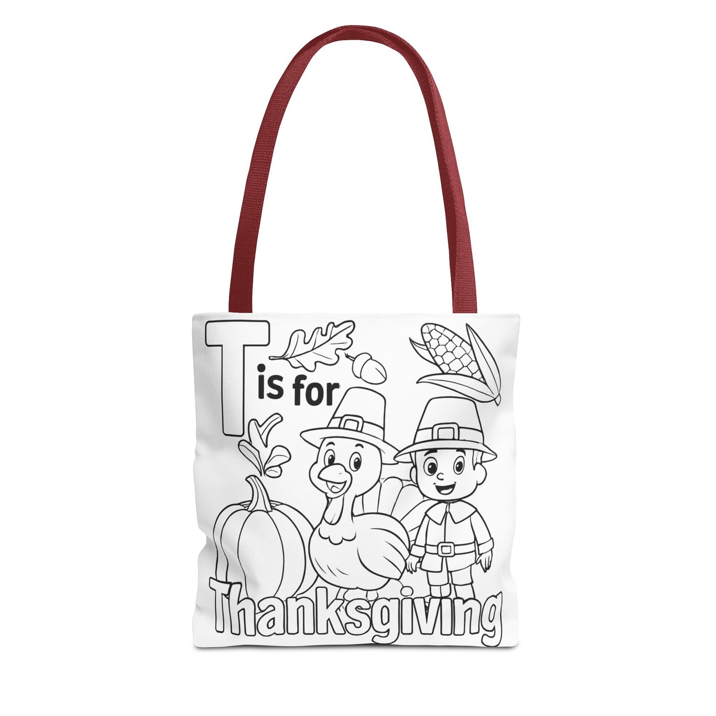 T is for Thanksgiving Coloring Page Tote Bag - Colorful Pilgrims and Turkey Design, AOP, Ideal for Holiday Gatherings, Gifts, and Crafts