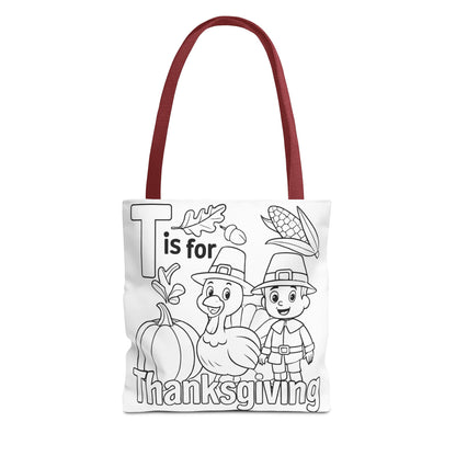 T is for Thanksgiving Coloring Page Tote Bag - Colorful Pilgrims and Turkey Design, AOP, Ideal for Holiday Gatherings, Gifts, and Crafts