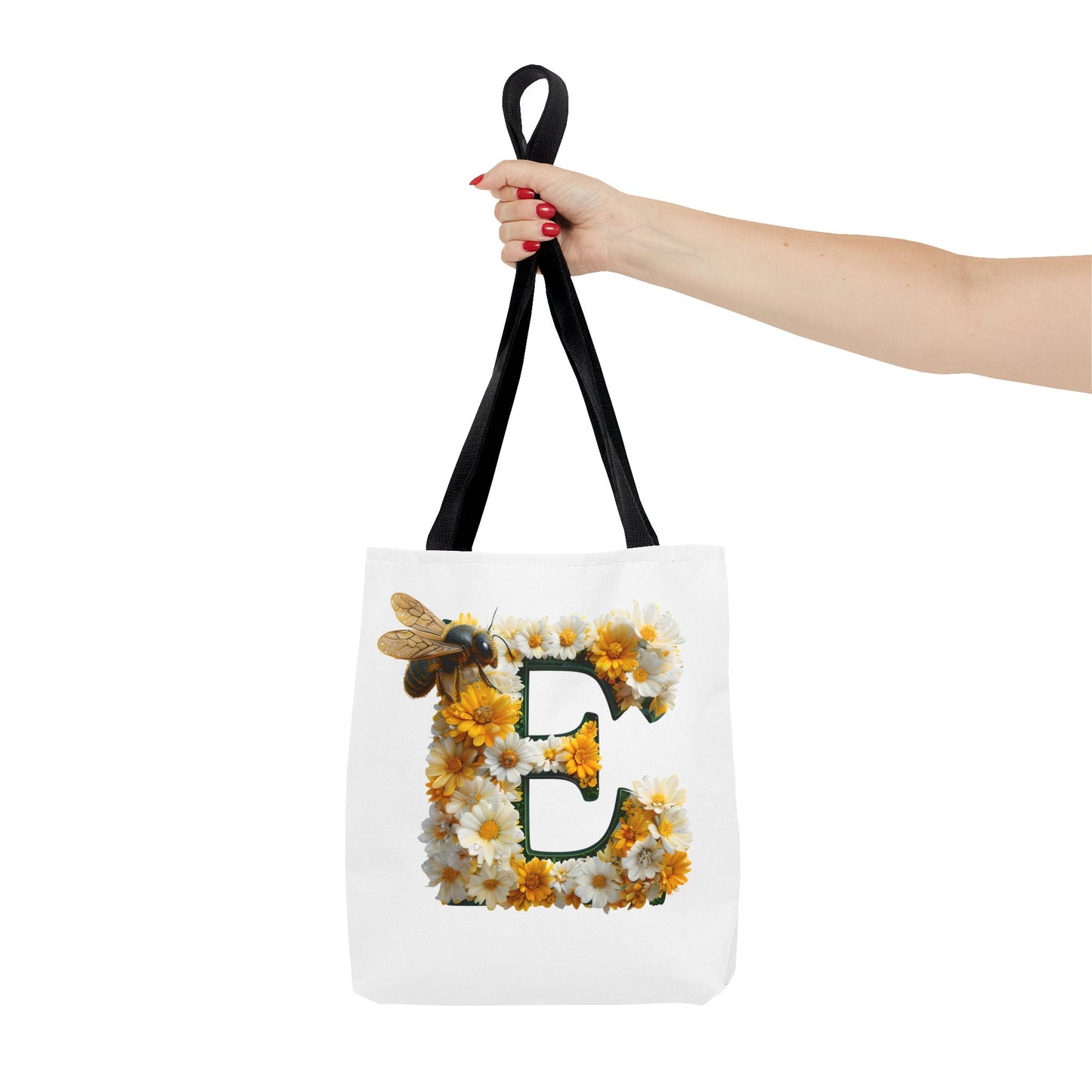 Floral Alphabet Tote Bag with Yellow Daisies, the Initial 'E' and Bee Design