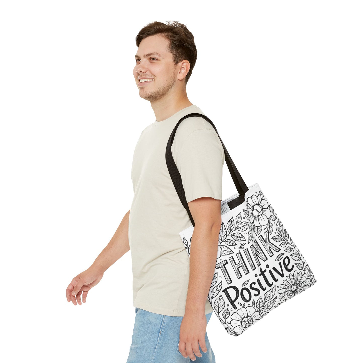 Think Positive Floral Tote Bag, Motivational Bag for Students, Gift for Friends, Inspirational Accessory