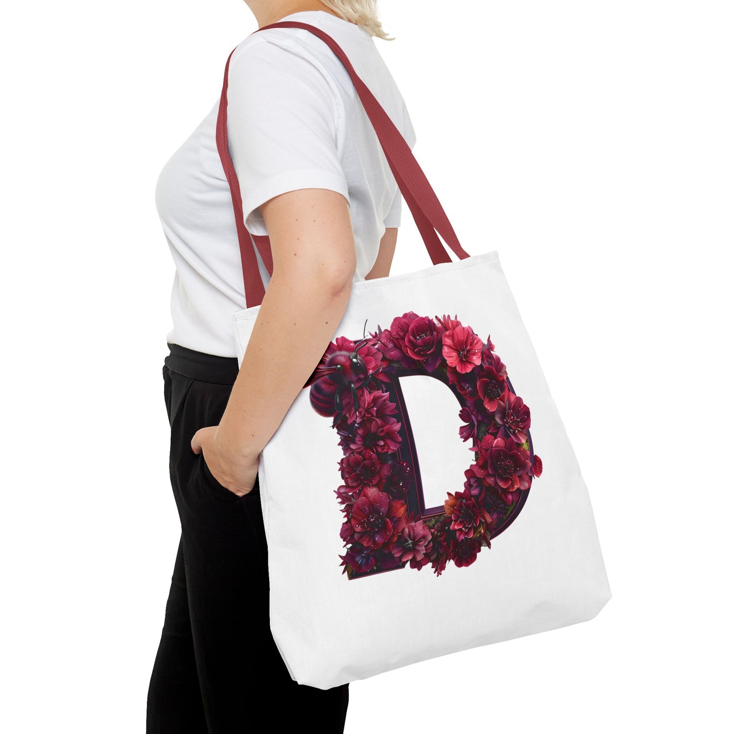 Floral Alphabet 'D' Tote Bag – Stylish Floral and Bee Design