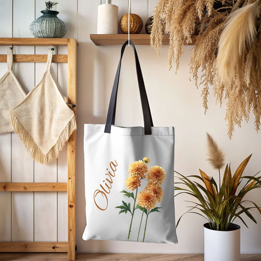 Personalized November Birth Month Flower Tote Bag, Chrysanthemum Bridesmaid Gift, Custom Grocery Bag