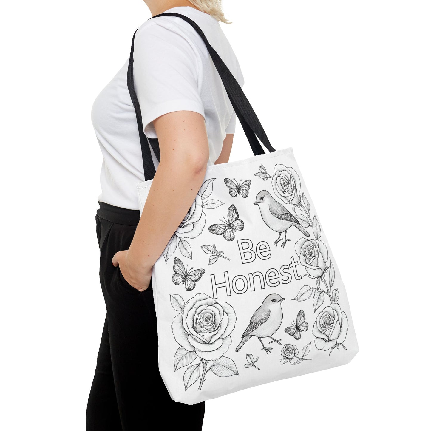 Black and White Floral Tote Bag - "Be Honest" Coloring Page Design, Eco-Friendly Shopping, Gift for Nature Lovers, Artistic Carryall, Everyday Use