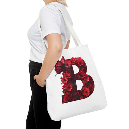Red Floral Alphabet B' Tote Bag with Butterfly - Shopping, Beach or Travel Accessory