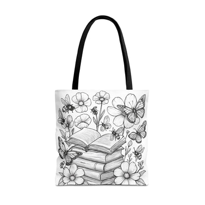 Coloring Page  Book Lover Tote Bag, Floral Butterfly Tote, Gift for Readers, Library Bag, Eco-Friendly Shopping Tote