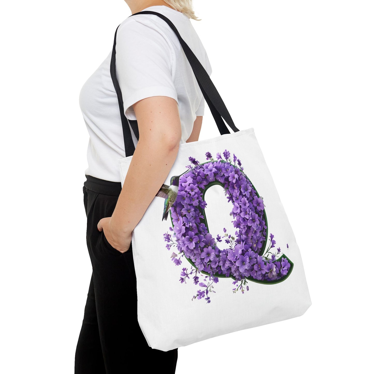 Floral Alphabet 'Q' Tote Bag - Hummingbird and Purple Flower Nature-Inspired Design