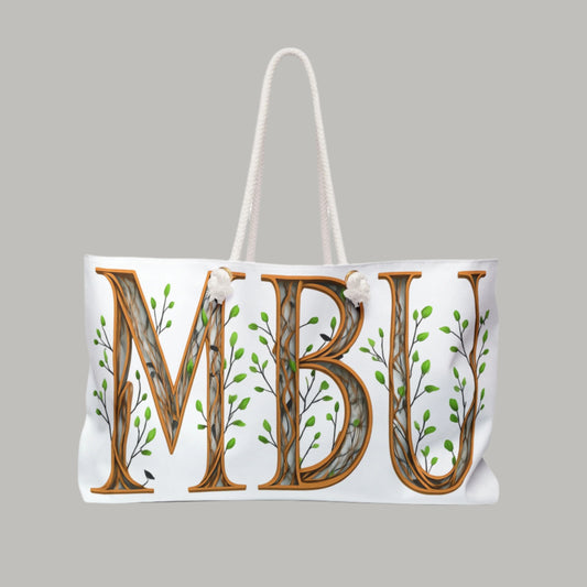 White bag with 'MBU' letters featuring tree designs on a white background
