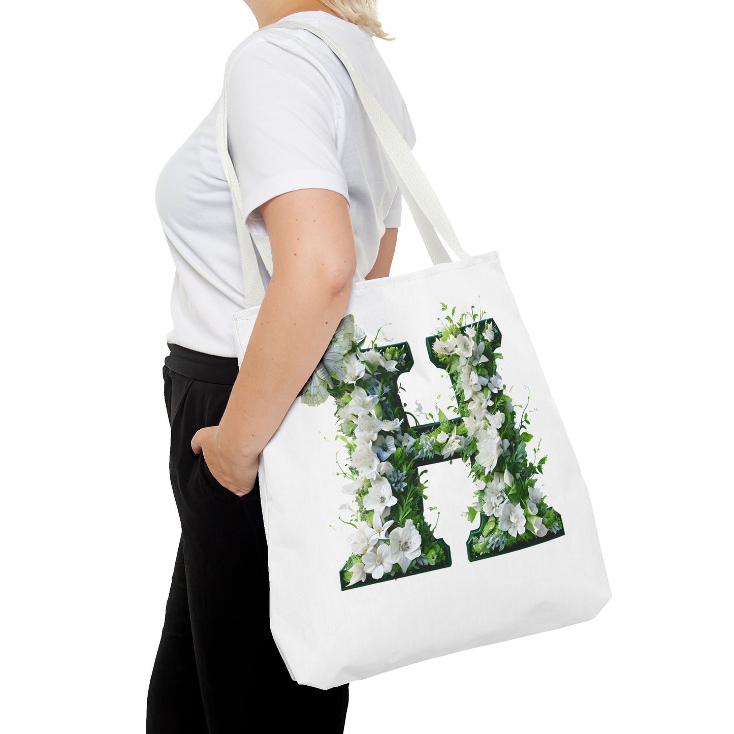 Floral Alphabet 'H'  Tote Bag - Green and White Gift for Nature Lovers