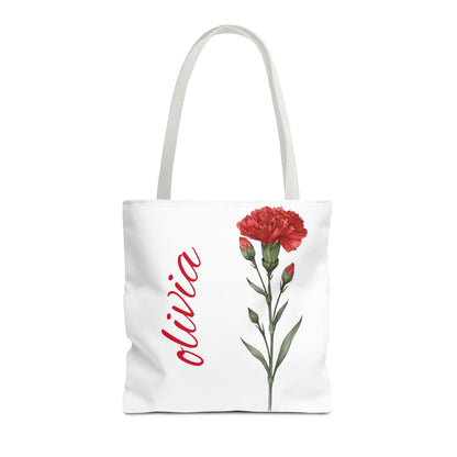 Personalized January Carnation Birth Month Flower Tote Bag, Custom Name Tote, Eco-Friendly Grocery Shopping Bag, Gift for Her