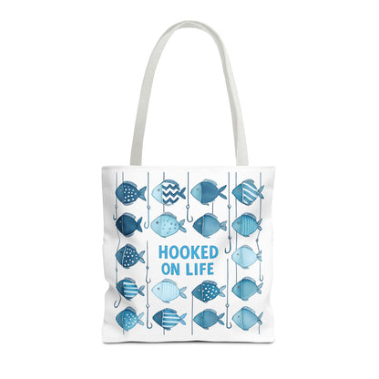 Fish-Themed Tote Bag, Hooked on Life Shopping Bag, Aqua Fishing Tote, Gift for Fisherman, Eco-Friendly Reusable Beach Bag