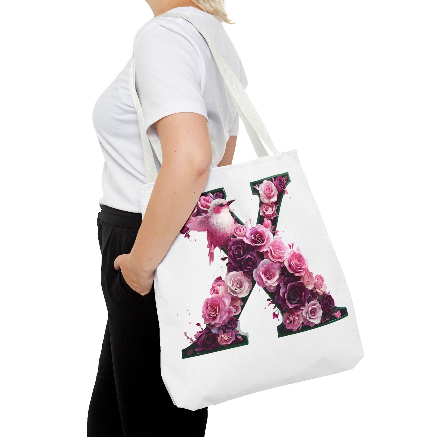 Floral Alphabet 'X' Tote Bag with Pink and Purple Flower and Bird Design