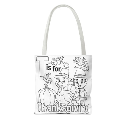 T is for Thanksgiving Coloring Page Tote Bag - Colorful Pilgrims and Turkey Design, AOP, Ideal for Holiday Gatherings, Gifts, and Crafts