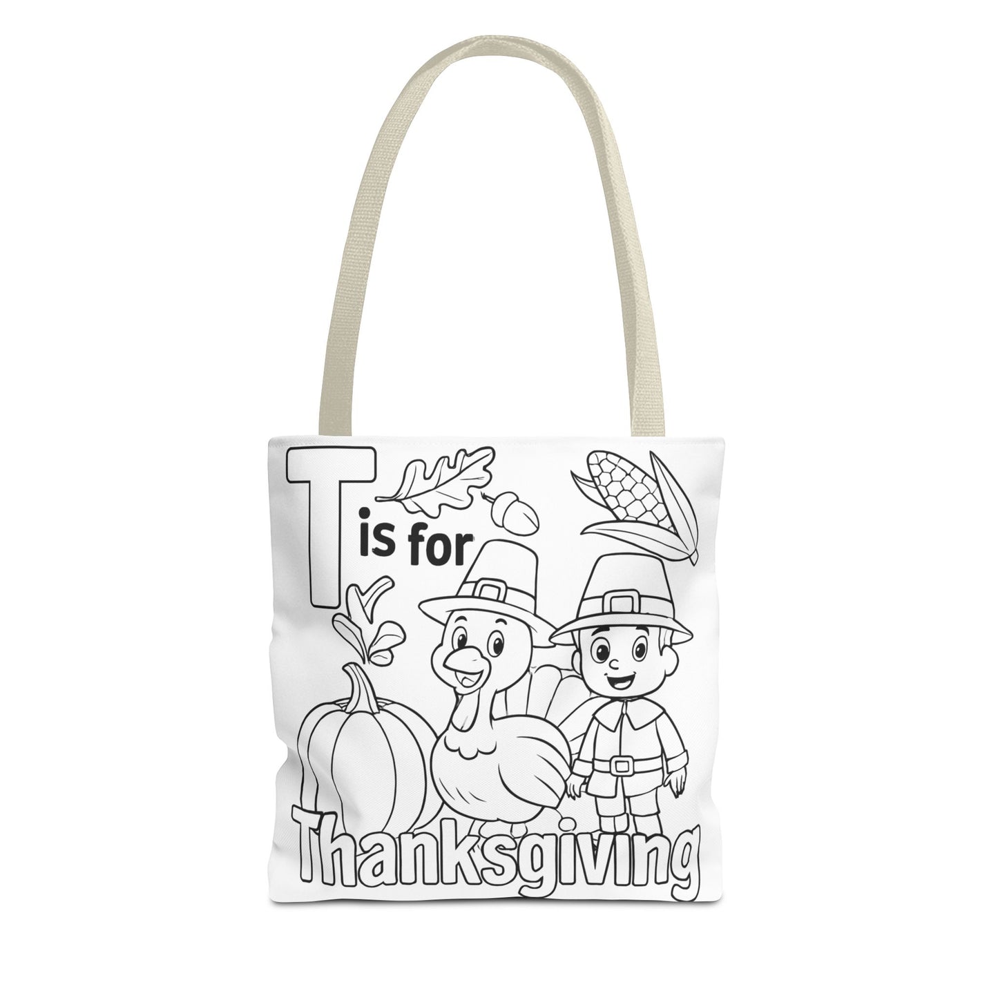 T is for Thanksgiving Coloring Page Tote Bag - Colorful Pilgrims and Turkey Design, AOP, Ideal for Holiday Gatherings, Gifts, and Crafts