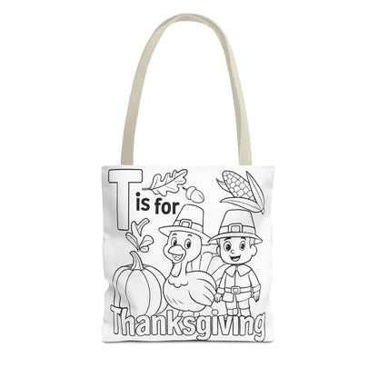 T is for Thanksgiving Coloring Page Tote Bag - Colorful Pilgrims and Turkey Design, AOP, Ideal for Holiday Gatherings, Gifts, and Crafts