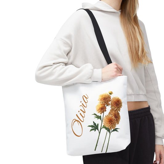 Personalized November Birth Month Flower Tote Bag, Chrysanthemum Bridesmaid Gift, Custom Grocery Bag