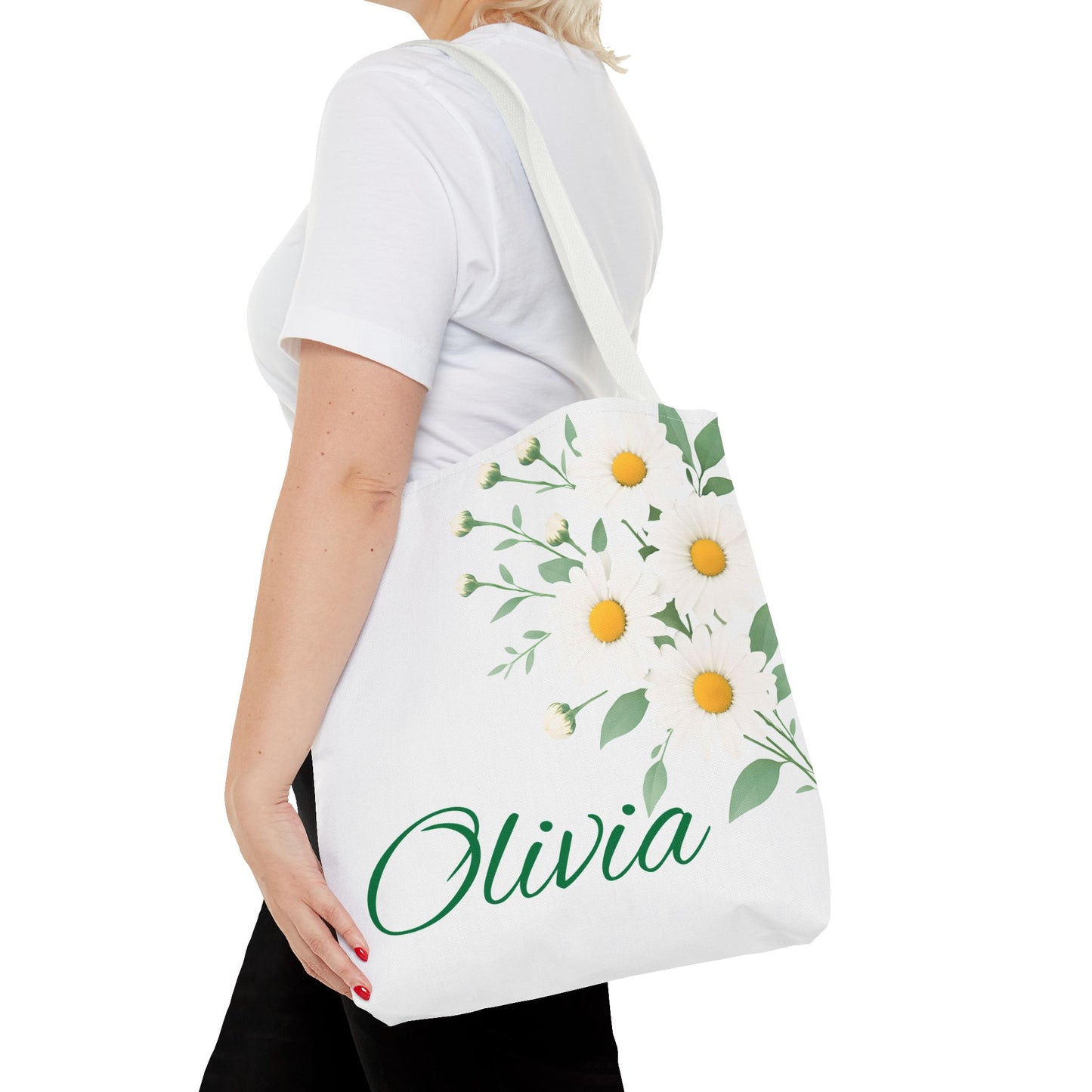 Personalized April Daisy Tote Bag, Custom Name Gift For Her, Birth Month Flower Design, Eco-Friendly Grocery Shopping Bag