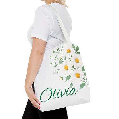 Personalized April Daisy Tote Bag, Custom Name Gift For Her, Birth Month Flower Design, Eco-Friendly Grocery Shopping Bag