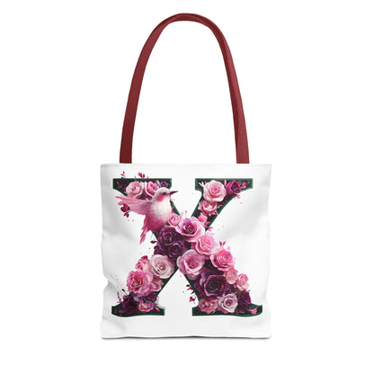 Floral Alphabet 'X' Tote Bag with Pink and Purple Flower and Bird Design
