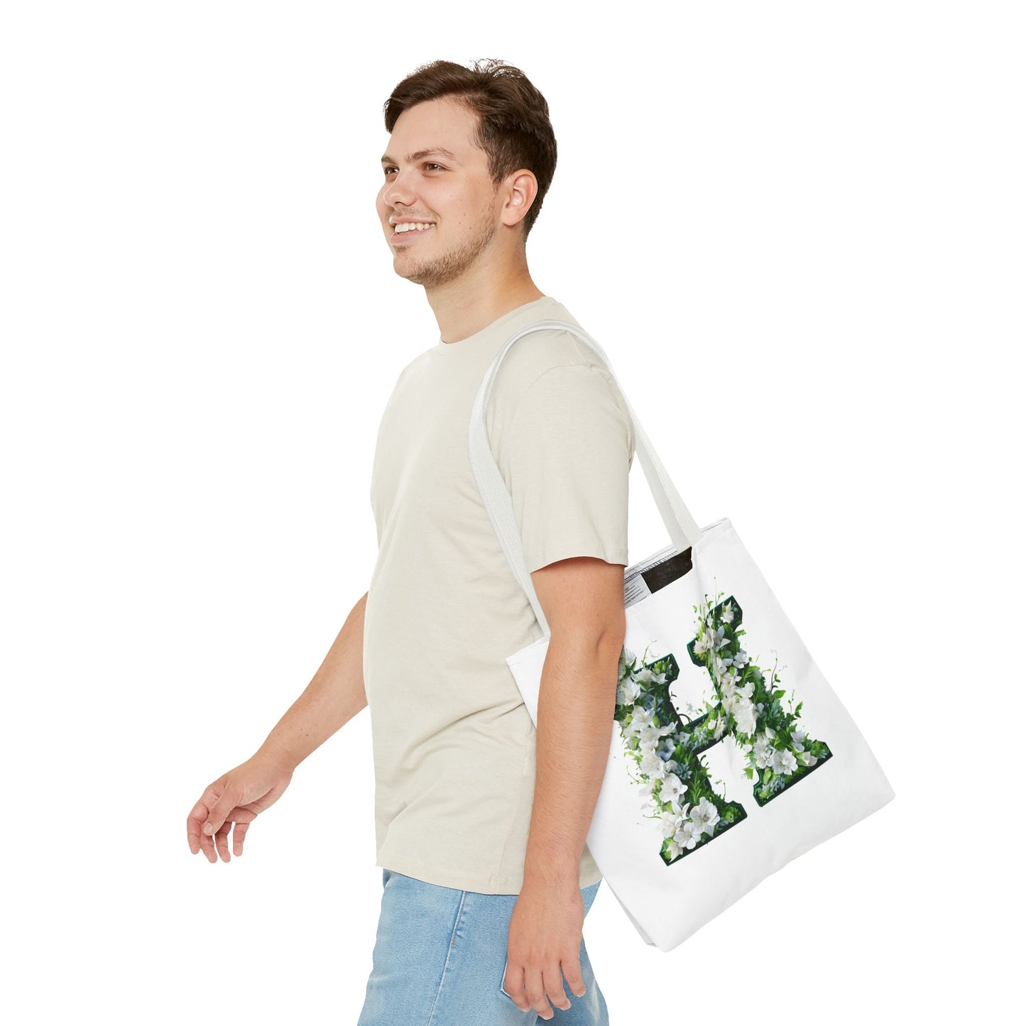 Floral Alphabet 'H'  Tote Bag - Green and White Gift for Nature Lovers