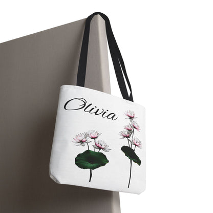 Personalized Water Lily Tote Bag, Eco-Friendly Reusable Shopping Bag, Custom Name Bag for July Birth Month Flower