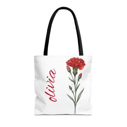 Personalized January Carnation Birth Month Flower Tote Bag, Custom Name Tote, Eco-Friendly Grocery Shopping Bag, Gift for Her