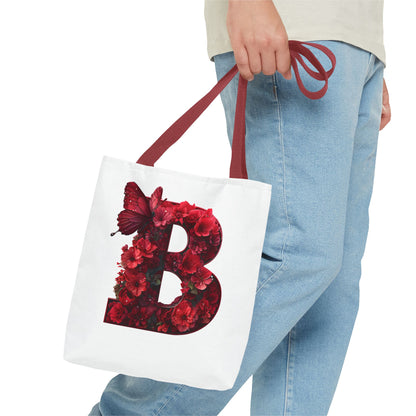 Red Floral Alphabet B' Tote Bag with Butterfly - Shopping, Beach or Travel Accessory