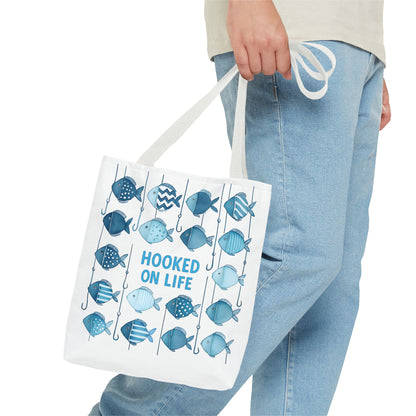 Fish-Themed Tote Bag, Hooked on Life Shopping Bag, Aqua Fishing Tote, Gift for Fisherman, Eco-Friendly Reusable Beach Bag