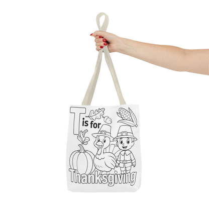 T is for Thanksgiving Coloring Page Tote Bag - Colorful Pilgrims and Turkey Design, AOP, Ideal for Holiday Gatherings, Gifts, and Crafts