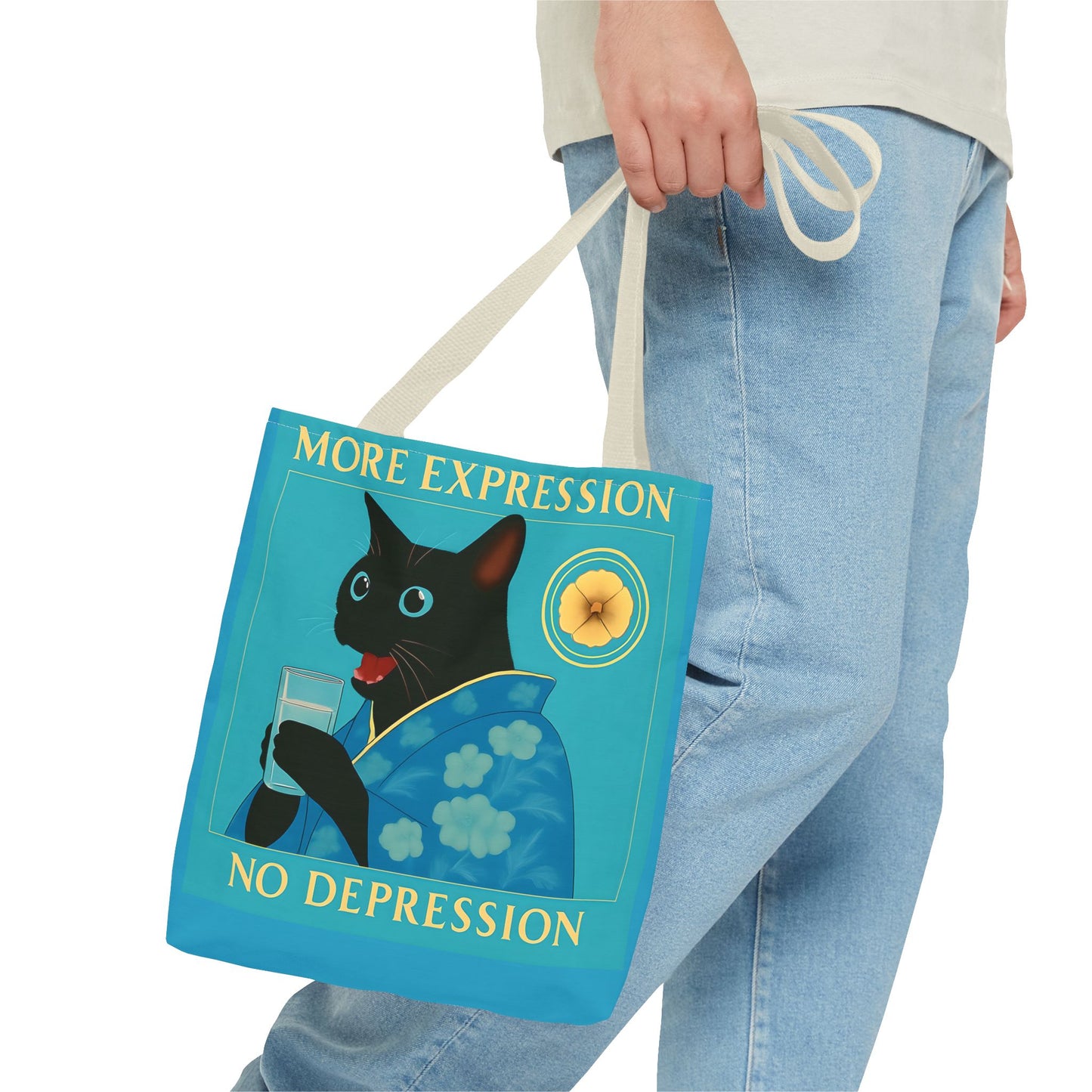Motivational Chinoiserie Black Cat Tote Bag - More Expression No Depression