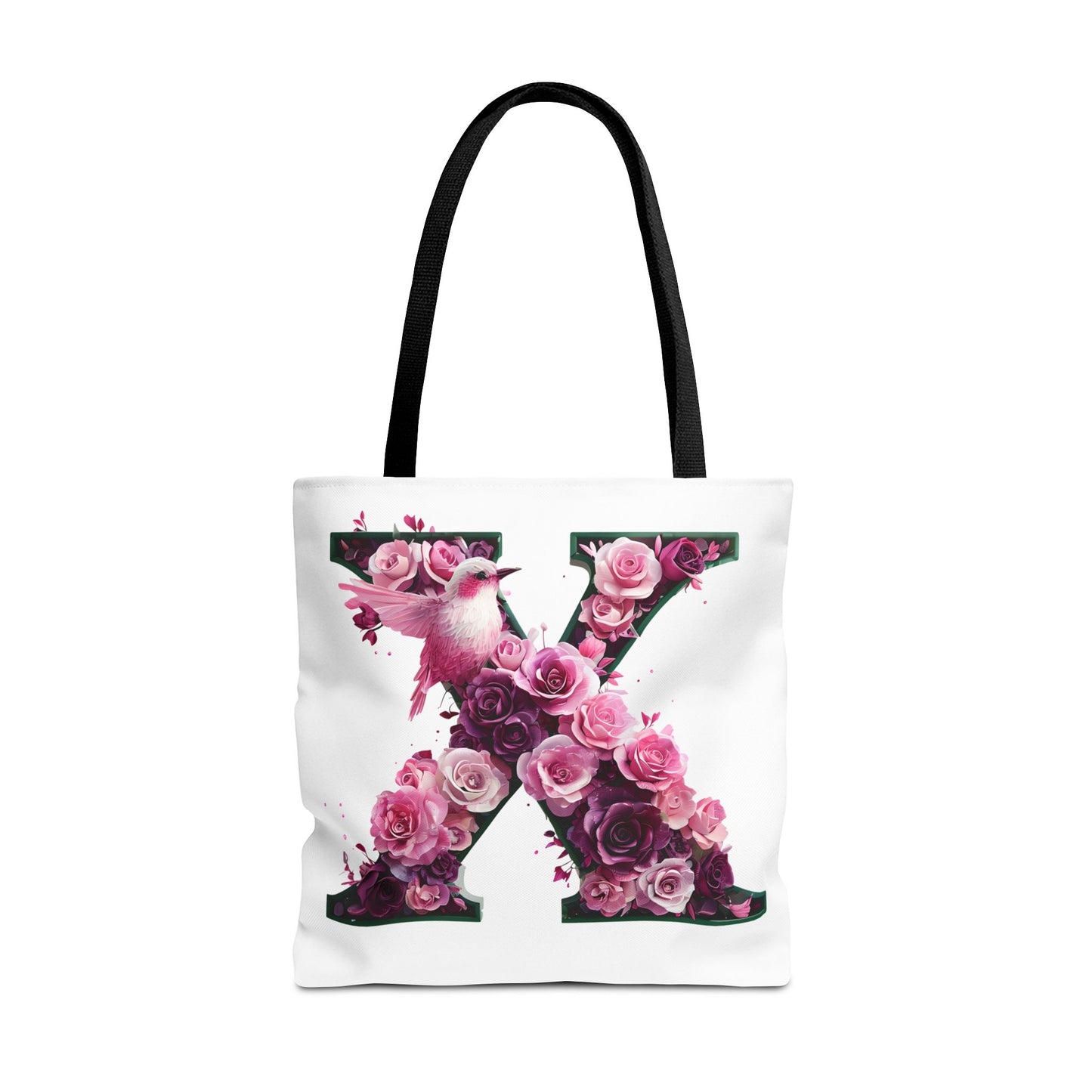Floral Alphabet 'X' Tote Bag with Pink and Purple Flower and Bird Design