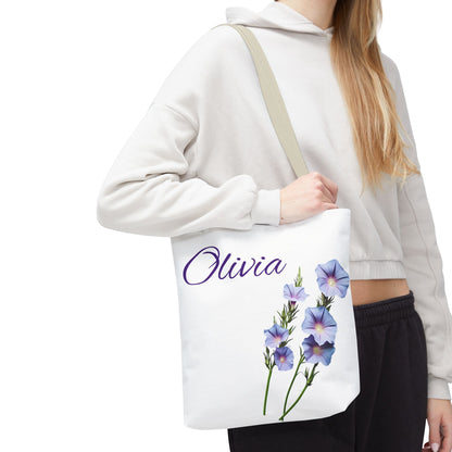 Personalized Morning Glory September Birth Month Flower Tote Bag, Custom Name Bag, Floral Grocery Bag
