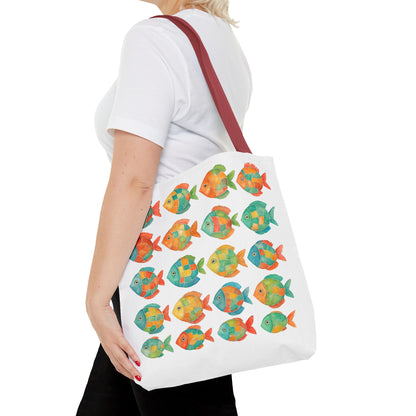 Colorful Mosaic Fish Print Tote Bag, Reusable Grocery Bag, Summer Travel Accessory, Gift for Ocean Lovers