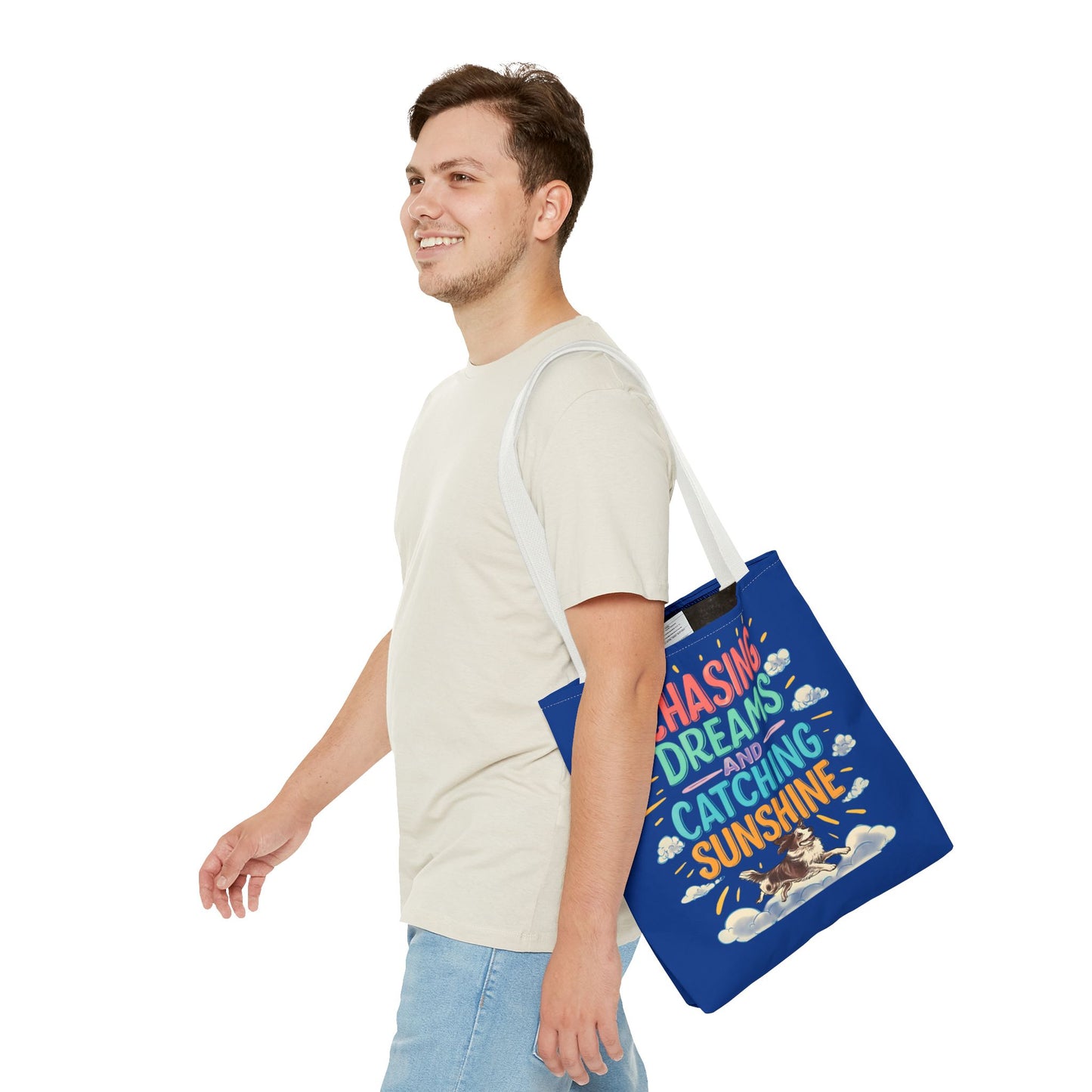 Chasing Dreams Tote Bag, Inspirational Tote, Dog Lover Gift, Eco-Friendly Shopper, Motivational Bag, Bright Blue Design