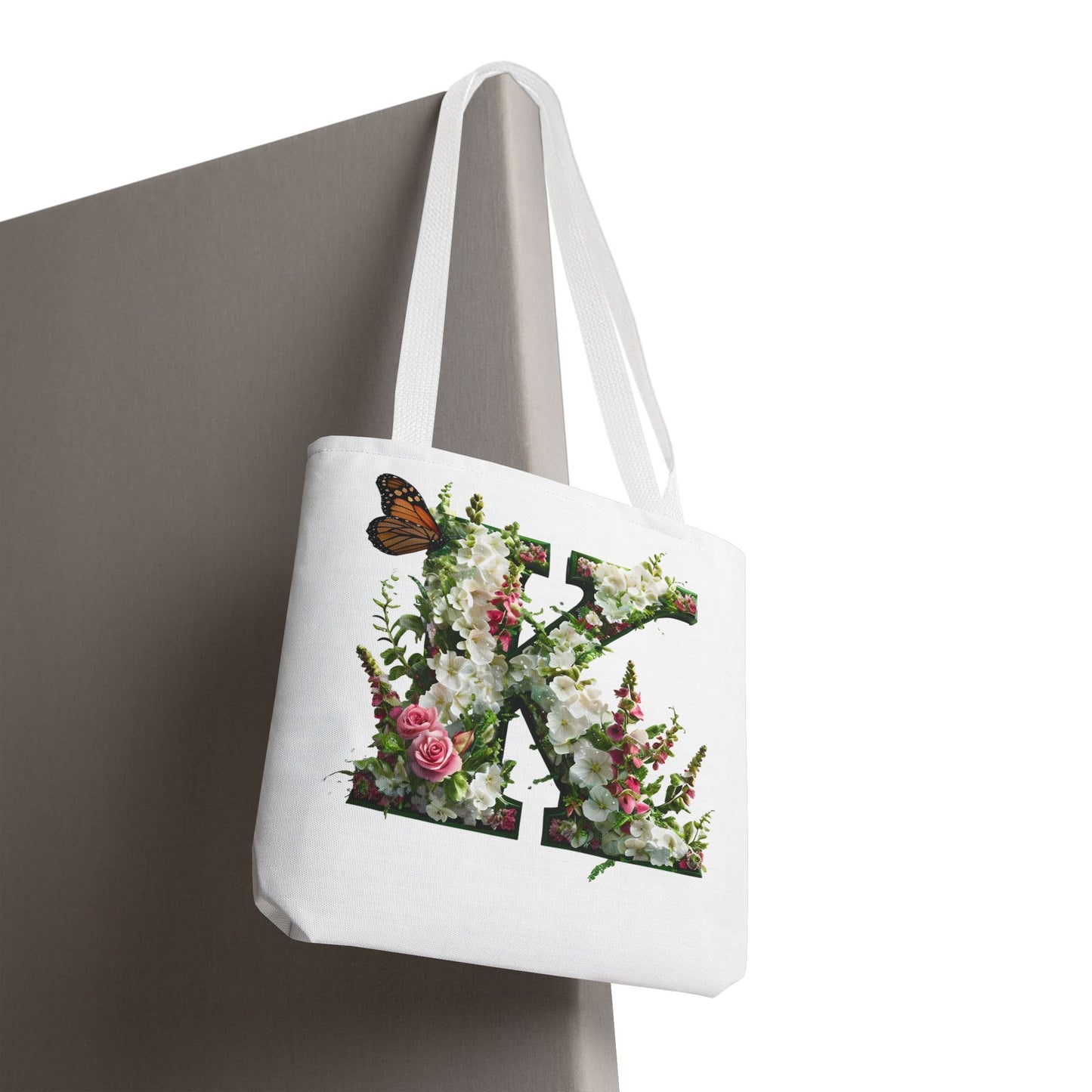 Floral Alphabet 'K'  Tote Bag with Cottage Garden Flowers and Butterfly Design