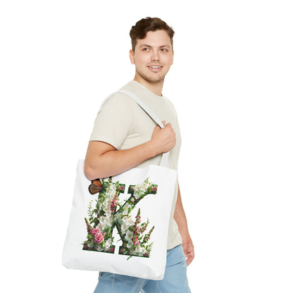 Floral Alphabet 'K'  Tote Bag with Cottage Garden Flowers and Butterfly Design