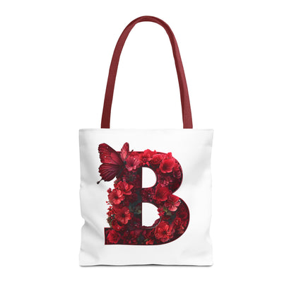 Red Floral Alphabet B' Tote Bag with Butterfly - Shopping, Beach or Travel Accessory