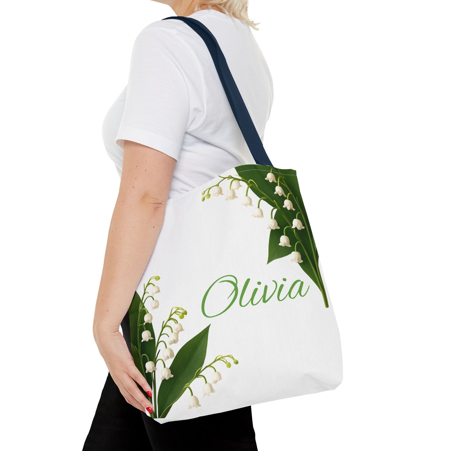 Personalized Birth Month Flower Tote Bag, Custom Name Tote, Eco-Friendly Grocery Shopping Bag, May Lily of the Valley Design