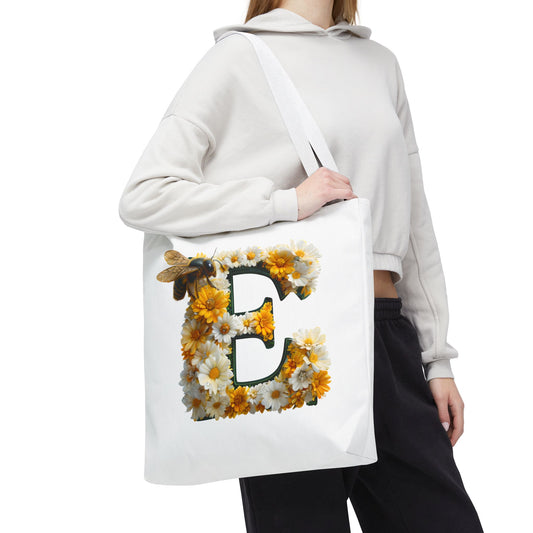 Floral Alphabet Tote Bag with Yellow Daisies, the Initial 'E' and Bee Design