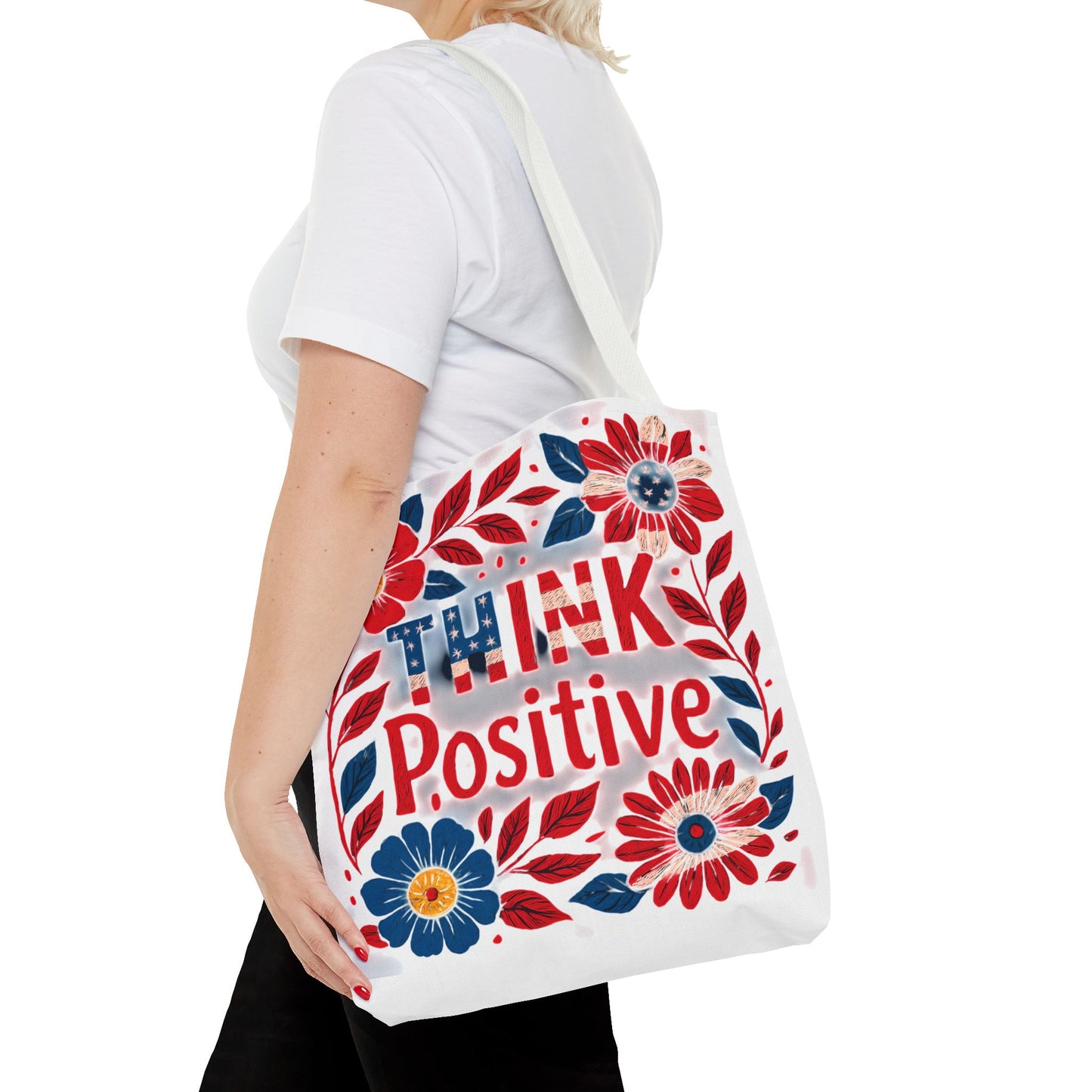 Red White and Blue Think Positive Tote Bag - Patriotic Embroidery Style Carryall, Great for Gifts, Shopping, Beach Days, Day Trips