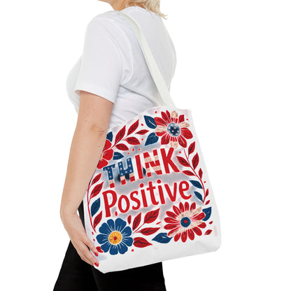 Red White and Blue Think Positive Tote Bag - Patriotic Embroidery Style Carryall, Great for Gifts, Shopping, Beach Days, Day Trips