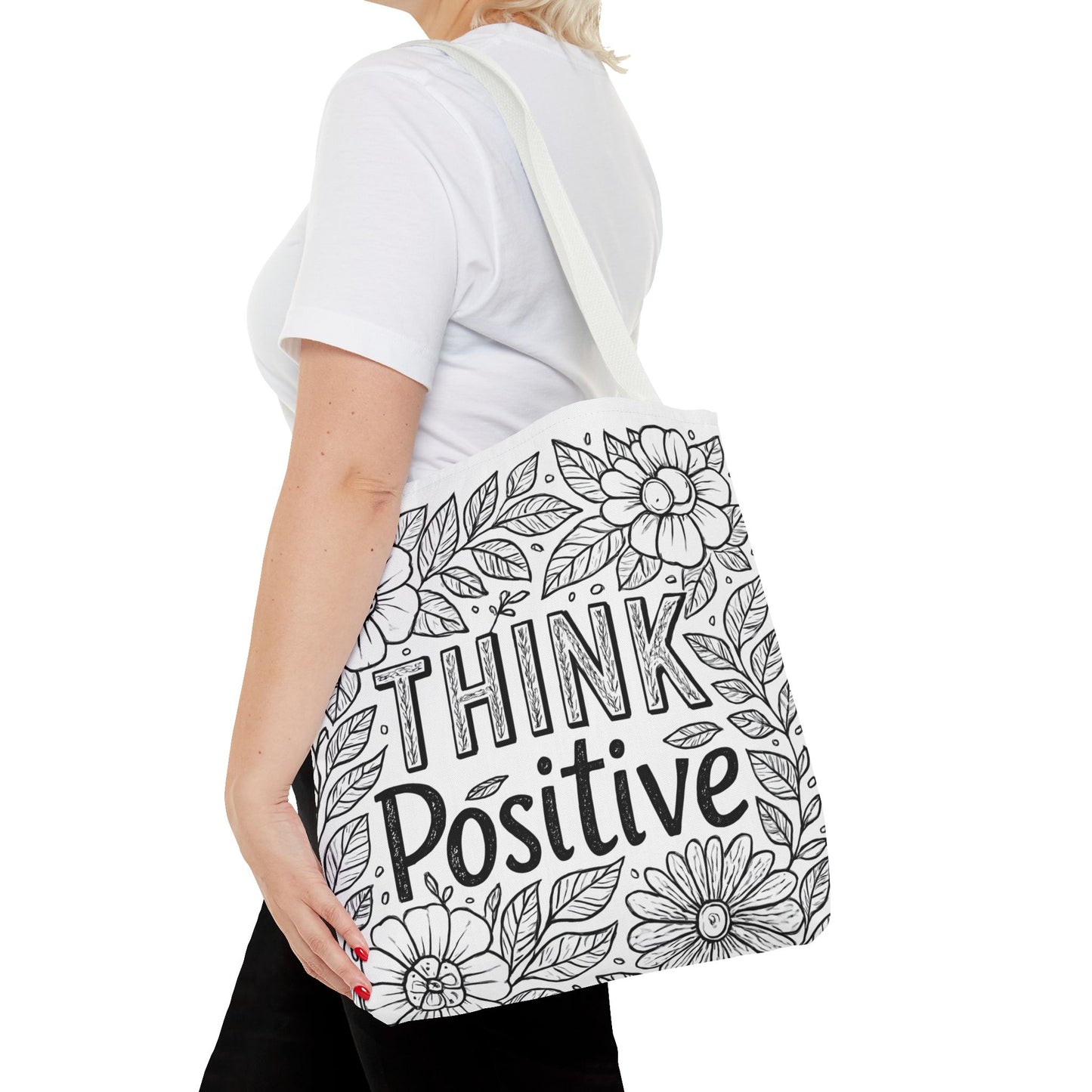 Think Positive Floral Tote Bag, Motivational Bag for Students, Gift for Friends, Inspirational Accessory