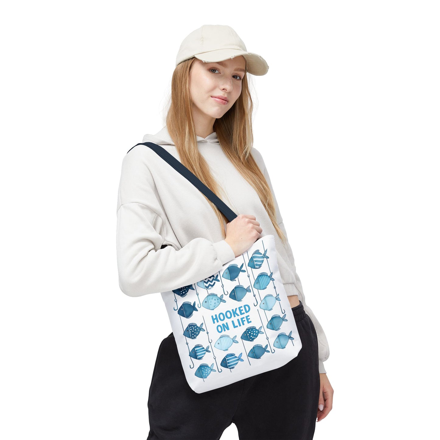 Fish-Themed Tote Bag, Hooked on Life Shopping Bag, Aqua Fishing Tote, Gift for Fisherman, Eco-Friendly Reusable Beach Bag